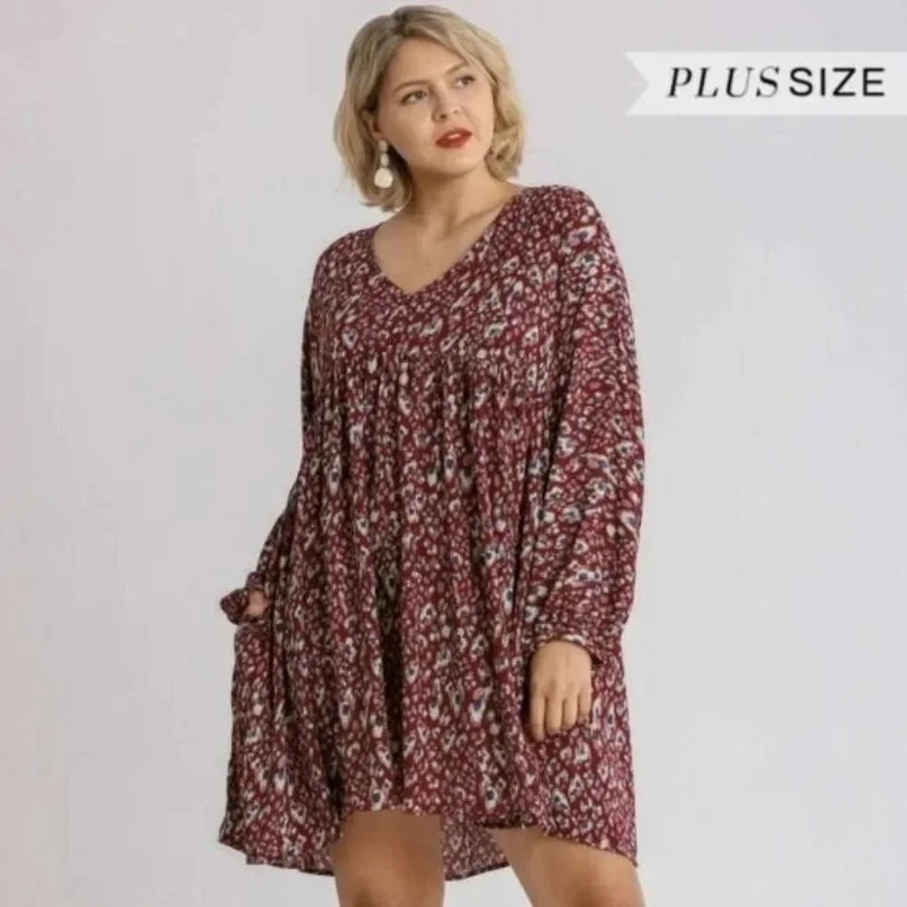 Umgee Plus Wine Mix Animal Print Silky Baby Doll w/ Pockets Long Sleeve Dress 1X - Picture 1 of 8